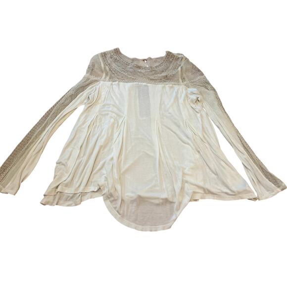 Free People Romantic Jojo Tee Mixed Media Mesh Lace Inset Long Sleeve Top Large - Picture 2 of 8